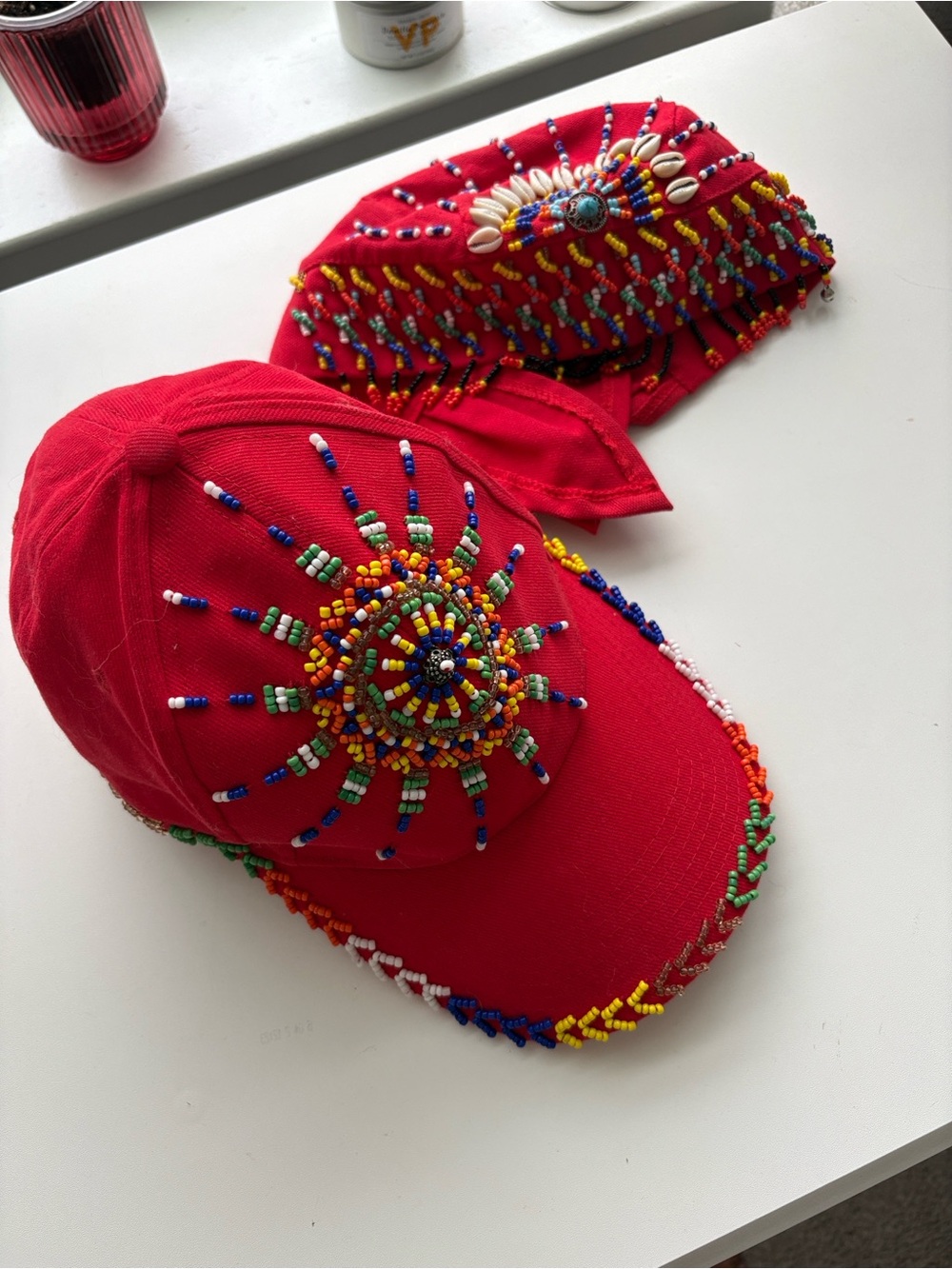 Hand-Beaded Red Women's Cap with Multicolor Seed Beads
